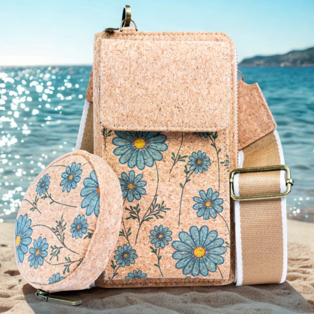 Cork handbag with floral design on a beach