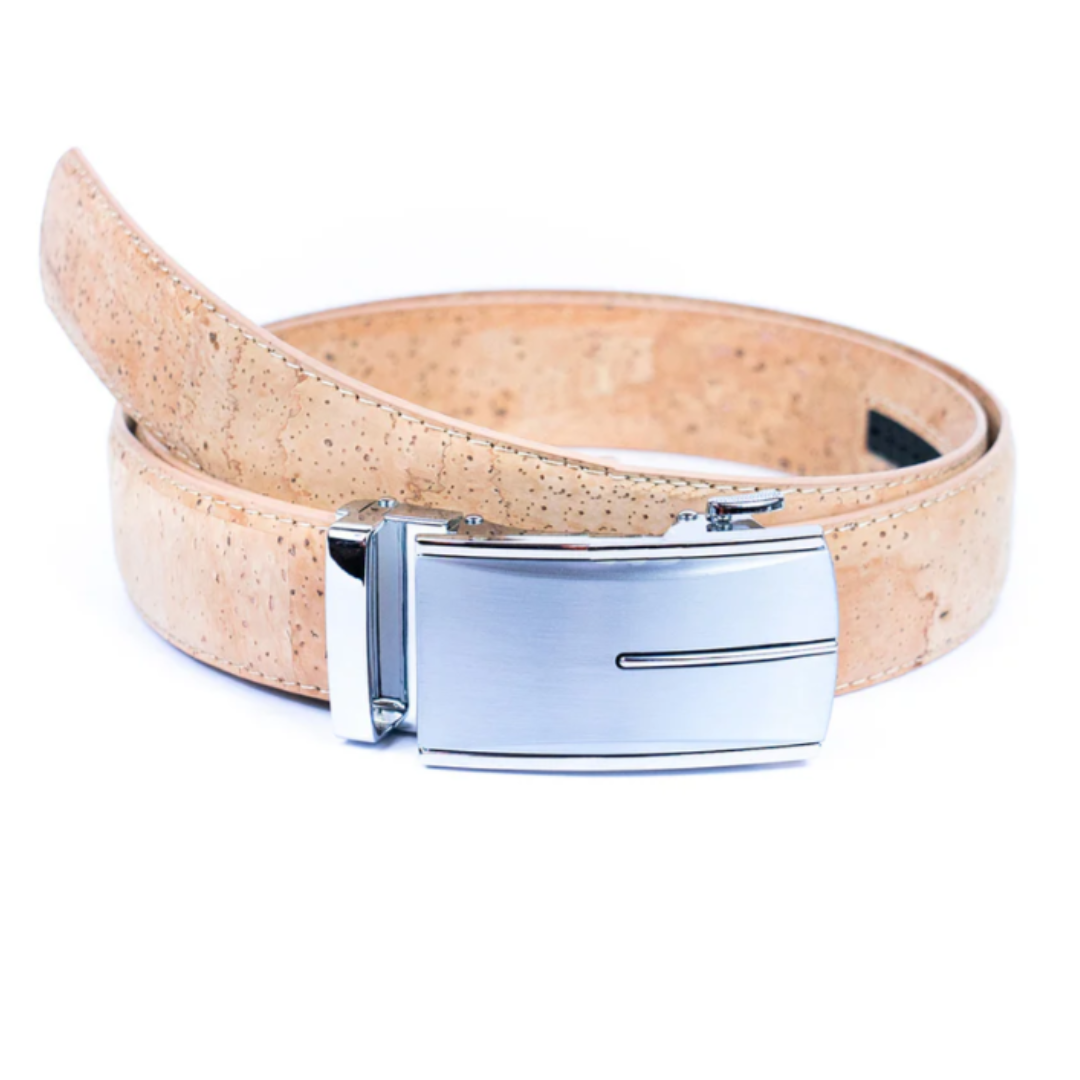 Beige cork belt with a silver buckle on a white background
